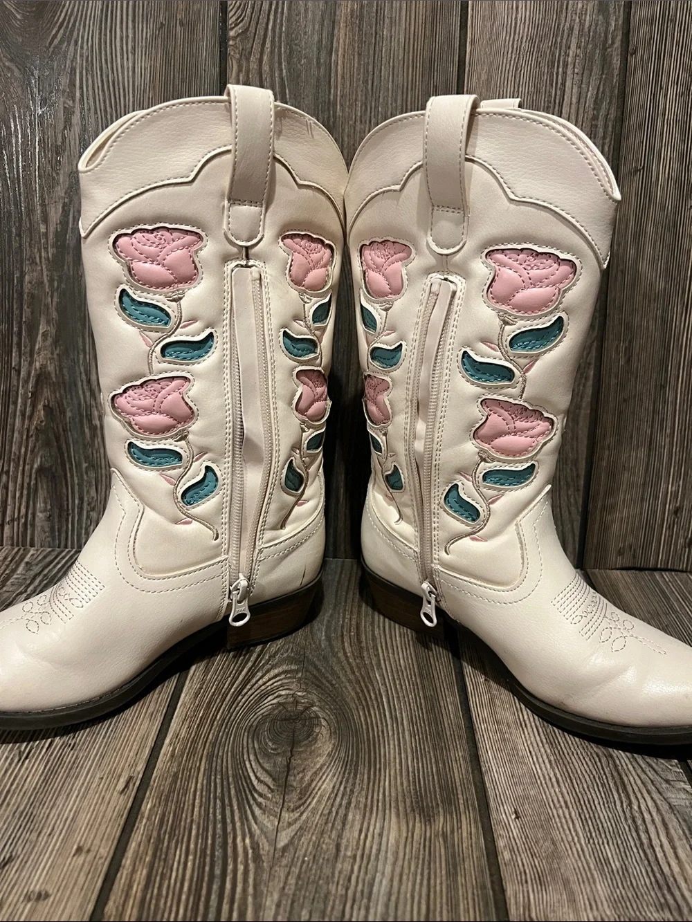 Source Unknown Cream Kids Western Boots with Pink & Teal Floral Appliqué